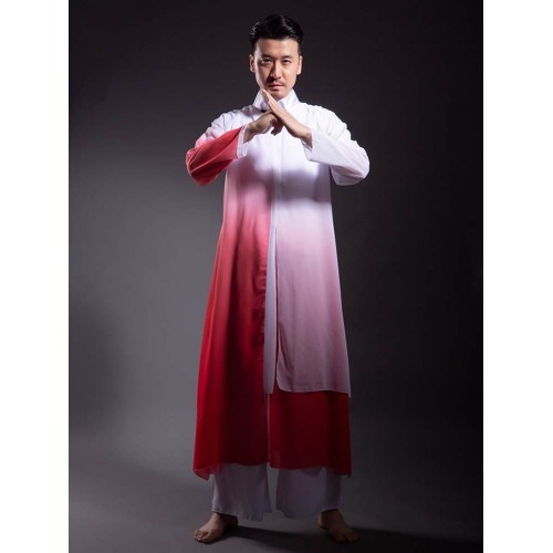 Men's folk dance wear red blue gradient youth chinese folk dance hanfu wushu chinese kung fu stage performance robe for man